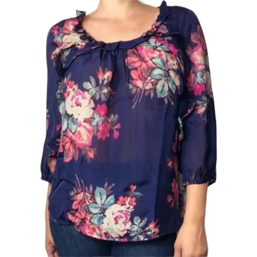Anthropologie Leifsdottir Blouse Top Size 2 Navy Floral Cotati Chiffon 100% Silk